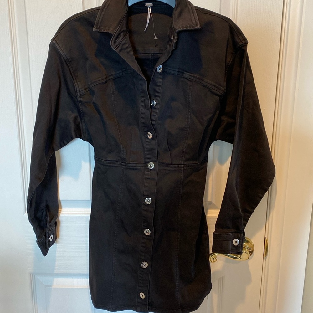 Free People black fitted denim button front dress Sz 2 New